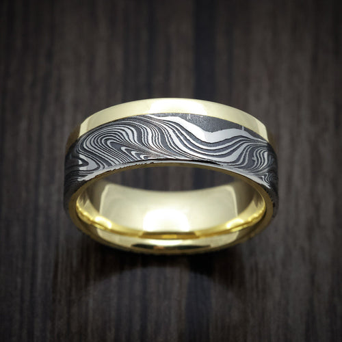 Commander XI - Yellow Gold Men's Wedding Ring with Marble Kuro Damascus Steel Inlay - view 2 - Nura Lab