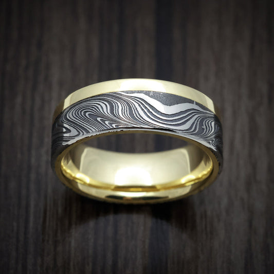 Commander XI - Yellow Gold Men's Wedding Ring with Marble Kuro Damascus Steel Inlay - view 2 - Nura Lab