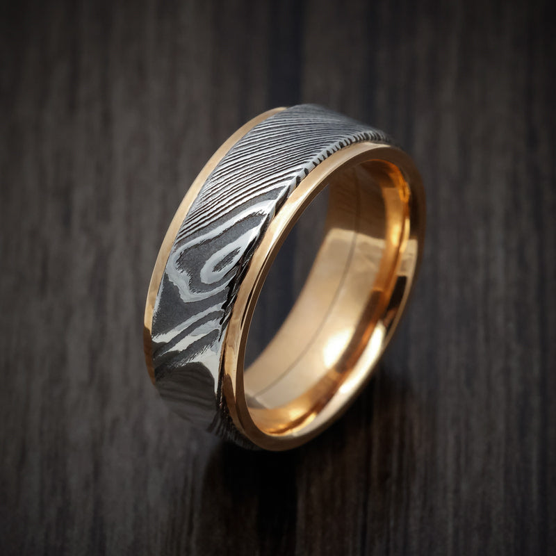 Admiral XI - Rose Gold Men's Wedding Ring with Woodgrain Kuro Damascus Steel Inlay - view 3 - Nura Lab