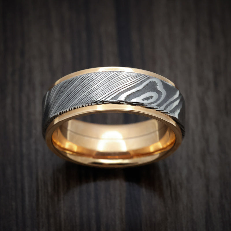 Admiral XI - Rose Gold Men's Wedding Ring with Woodgrain Kuro Damascus Steel Inlay - view 2 - Nura Lab