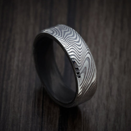 Navigator XI - Marble Kuro Damascus Steel Men's Wedding Ring with Forged Carbon Fiber Sleeve - Nura Lab