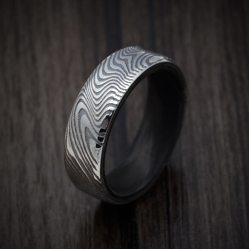 Navigator XI - Marble Kuro Damascus Steel Men's Wedding Ring with Forged Carbon Fiber Sleeve - view 3 - Nura Lab