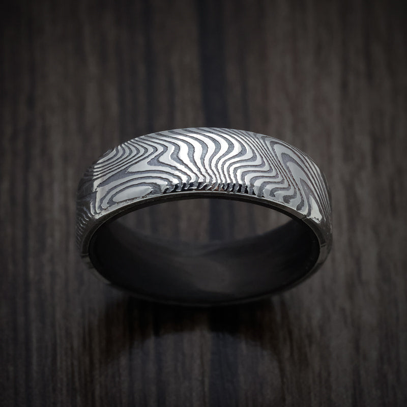 Navigator XI - Marble Kuro Damascus Steel Men's Wedding Ring with Forged Carbon Fiber Sleeve - view 2 - Nura Lab