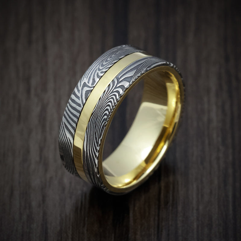 Mariner XI - 18K Gold Men's Wedding Ring with Sunset Kuro Damascus Steel Inlays - view 2 - Nura Lab