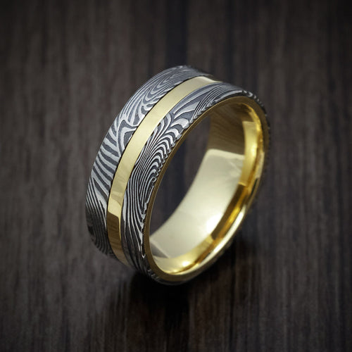 Mariner XI - 18K Gold Men's Wedding Ring with Sunset Kuro Damascus Steel Inlays - view 2 - Nura Lab
