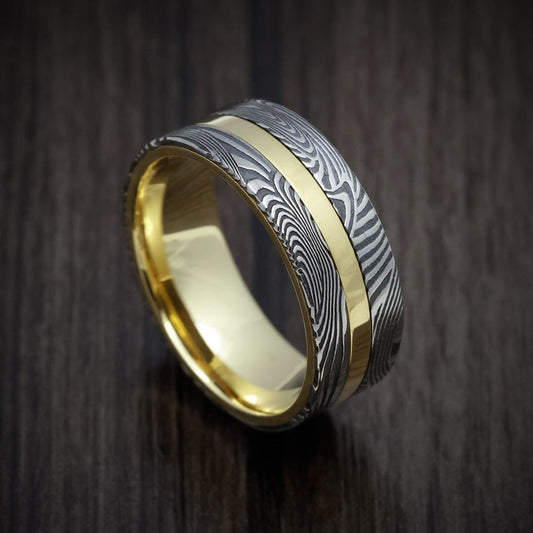 Mariner XI - 18K Gold Men's Wedding Ring with Sunset Kuro Damascus Steel Inlays - Nura Lab