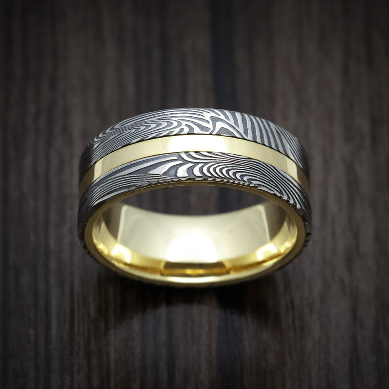 Mariner XI - 18K Gold Men's Wedding Ring with Sunset Kuro Damascus Steel Inlays - view 3 - Nura Lab