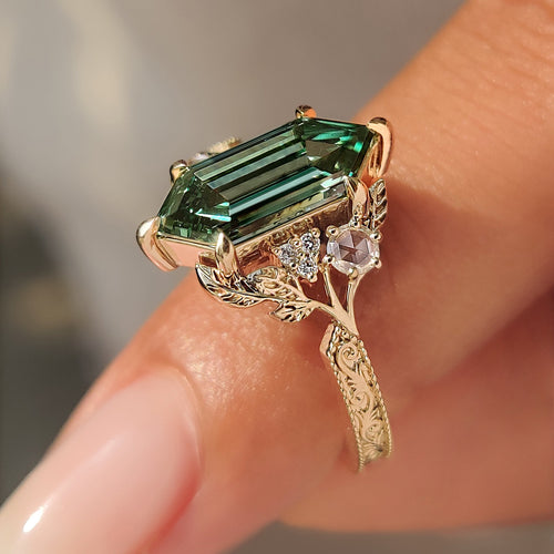 Aurelia Marie - Green Hexagon Step Cut Diamond Cluster Ring in Nature Inspired Style