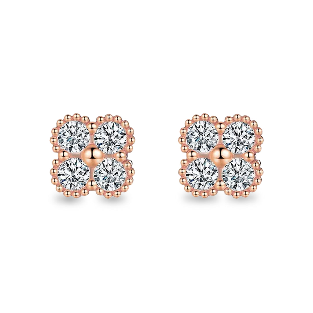 Yuna 4-Leaf Clover Round-Edge Moissanite Stud Earrings by Nura Lab in 14K rose gold plating over S925 sterling silver