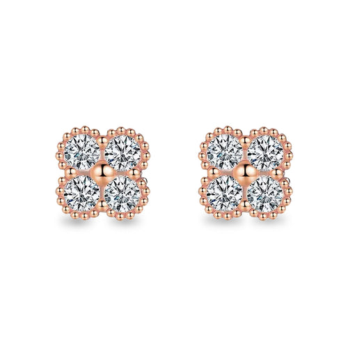 Yuna 4-Leaf Clover Round-Edge Moissanite Stud Earrings by Nura Lab in 14K rose gold plating over S925 sterling silver