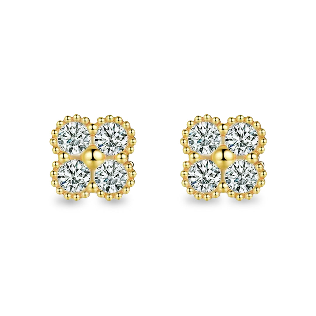 Yuna 4-Leaf Clover Round-Edge Moissanite Stud Earrings by Nura Lab in 14K yellow gold plating over S925 sterling silver