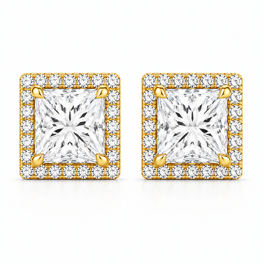 Olite - Princess Shape Halo Stud Earrings 14K Yellow Gold 2 CTW