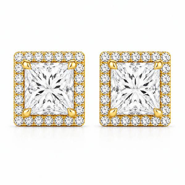 Olite - Princess Shape Halo Stud Earrings 14K Yellow Gold 2 CTW