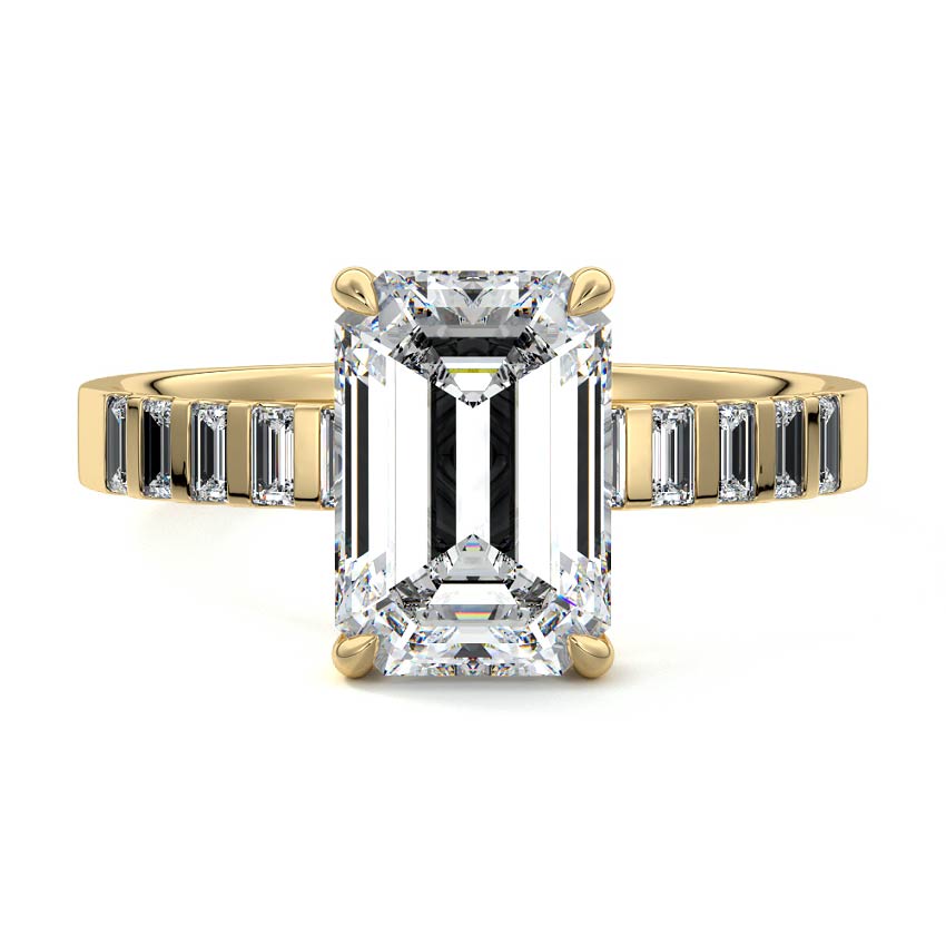 Unique emerald cut side stone engagement ring with moissanite or lab-grown diamond in gold, New Zealand