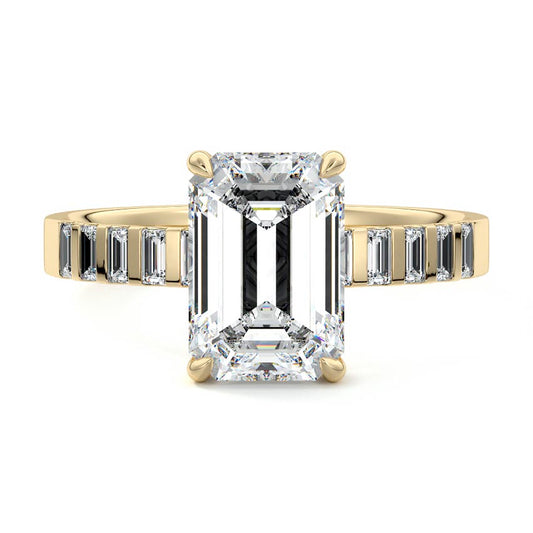 Unique emerald cut side stone engagement ring with moissanite or lab-grown diamond in gold, New Zealand