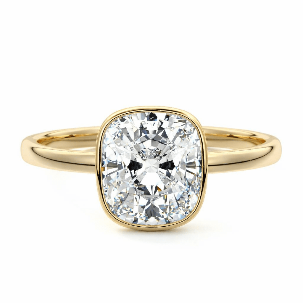 Amber cushion bezel lab grown diamond engagement ring in yellow gold by Nura Lab New Zealand