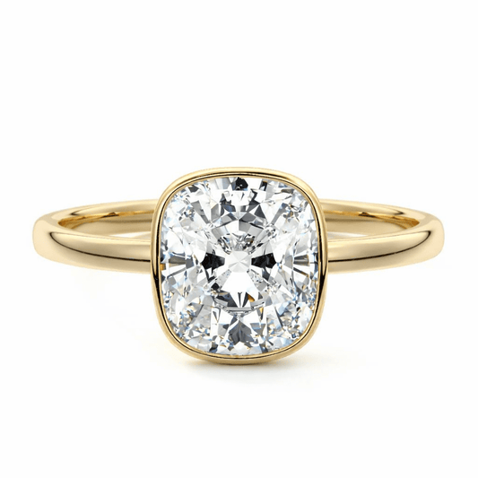 Amber cushion bezel lab grown diamond engagement ring in yellow gold by Nura Lab New Zealand