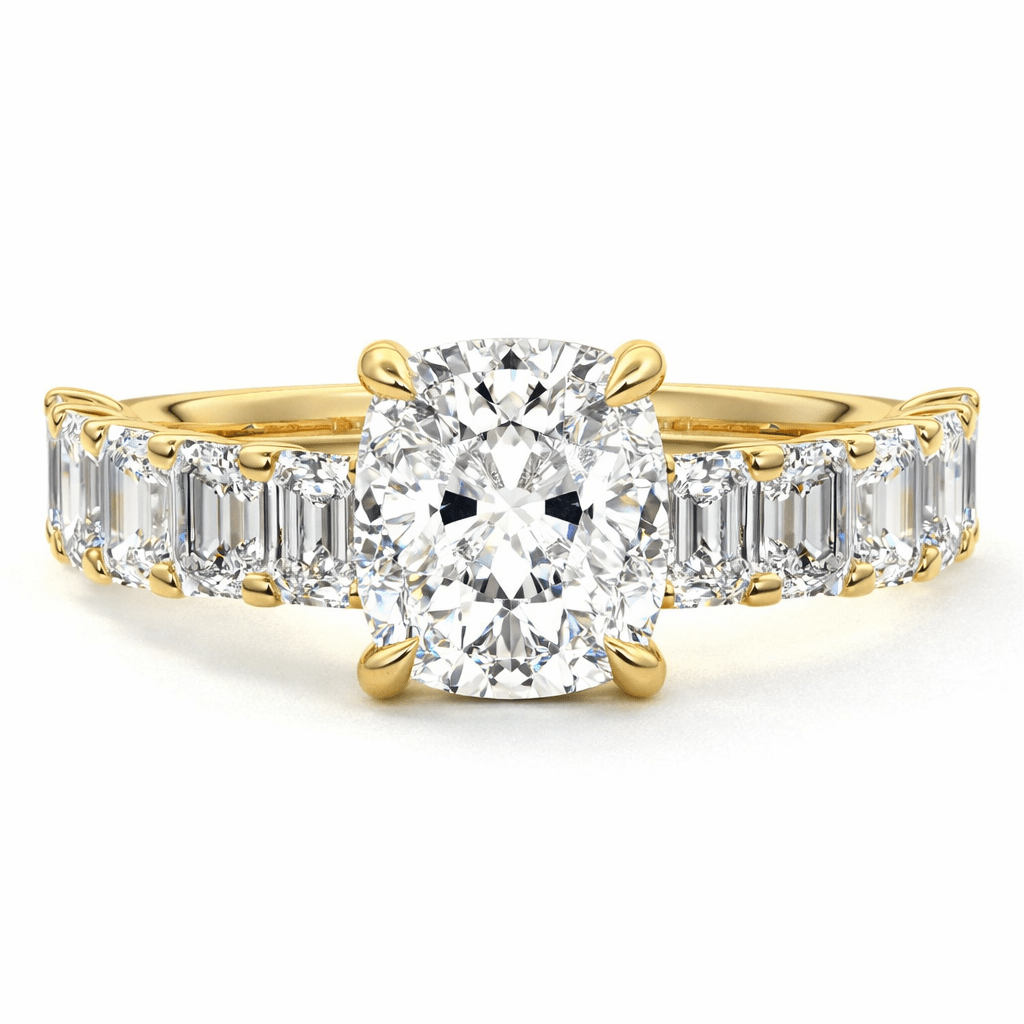 Amber cushion lab grown diamond engagement ring with half eternity emerald cut diamond band by Nura Lab New Zealand