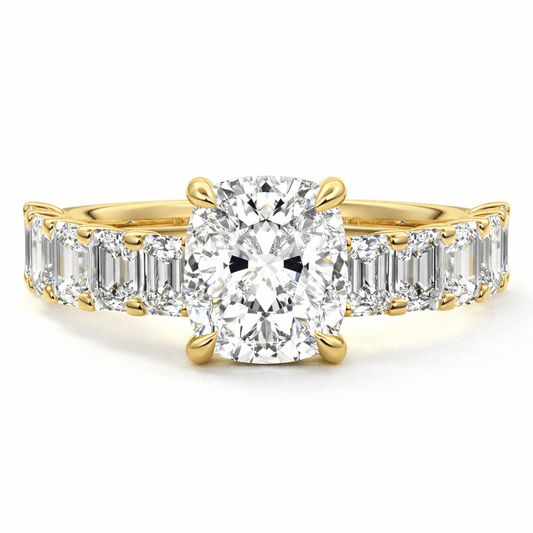 Amber cushion lab grown diamond engagement ring with half eternity emerald cut diamond band by Nura Lab New Zealand