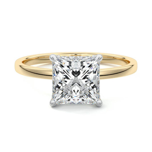 Aurora princess solitaire lab grown diamond engagement ring in yellow gold with white gold claws by Nura Lab New Zealand