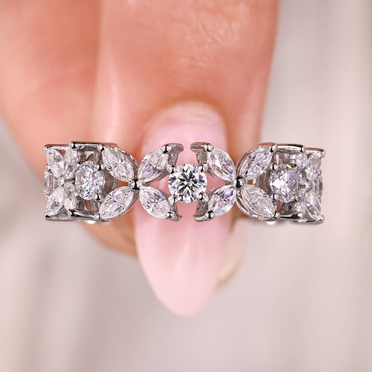 This marquise cut wedding band has a sleek, elegant design.
