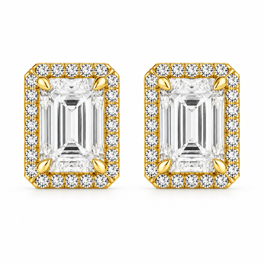 Veruska - 2CTW Emerald Cut Moissanite Halo Stud 14K Yellow Gold