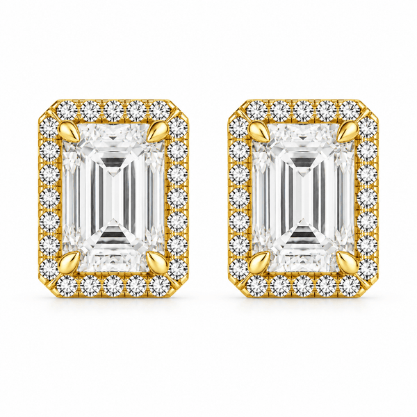 Veruska - 2CTW Emerald Cut Moissanite Halo Stud 14K Yellow Gold