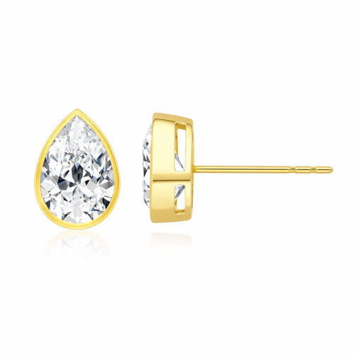 Lucy - Bezel Pear Shape Moissanite Earrings 14K Yellow Gold Nura Lab