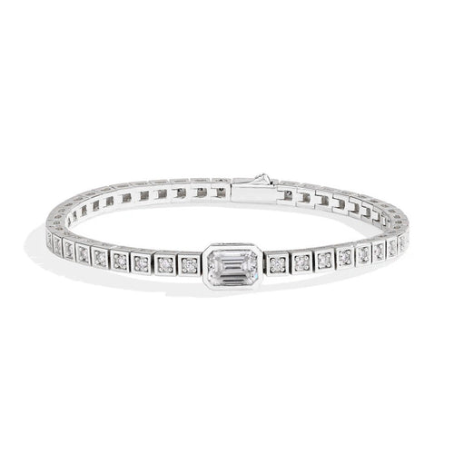 Emerald Accent Bezel Moissanite Tennis Bracelet by Nura Lab in Platinum plating over sterling silver