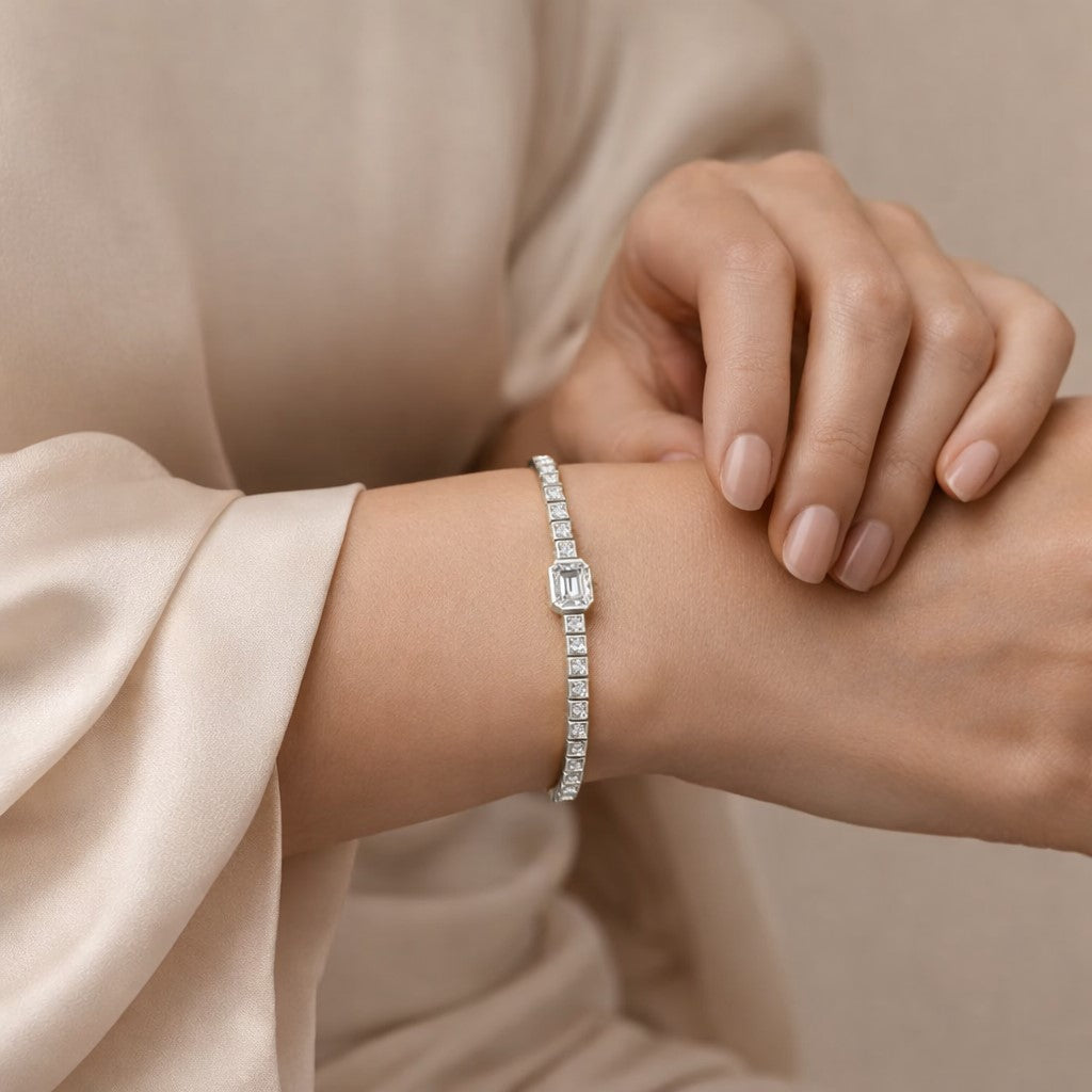 Emerald Accent Bezel Moissanite Tennis Bracelet by Nura Lab