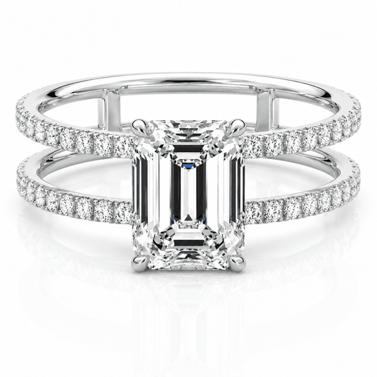 Katy - Unique Emerald Cut Double Band Engagement Ring