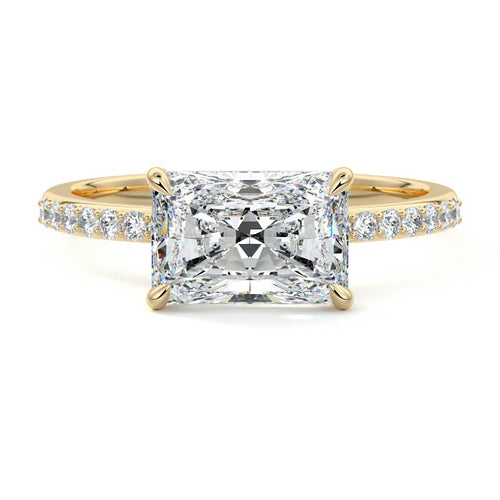Catrina east-west radiant lab grown diamond engagement ring with pavé band in yellow gold