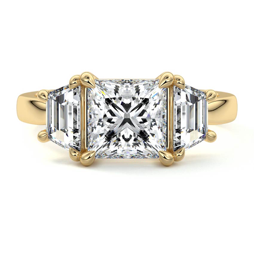 Daisy princess three stone lab grown diamond engagement ring with trapezoid side stones by Nura Lab New Zealand