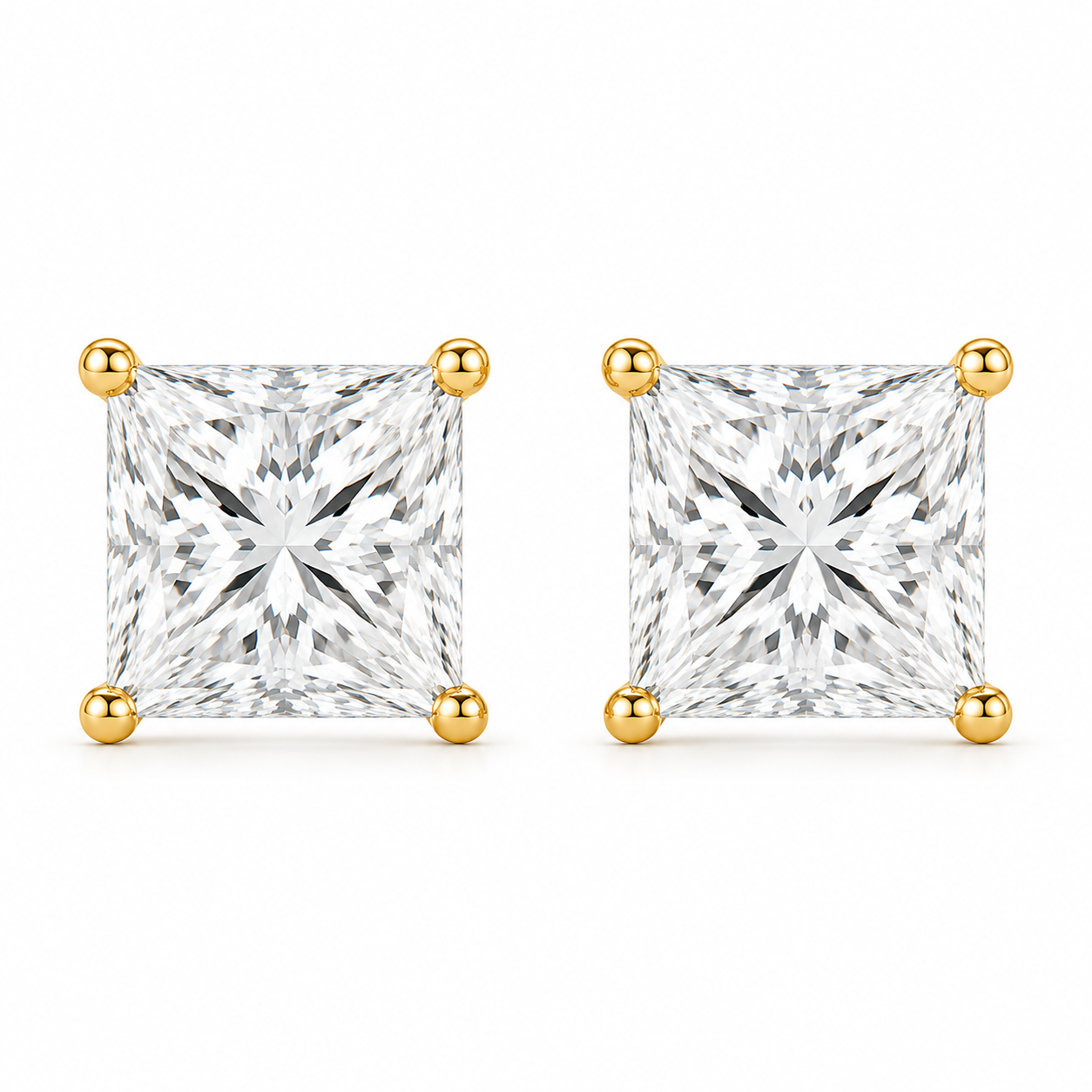 Peach - Princess Cut Stud Moissanite Earrings 14K Yellow Gold.