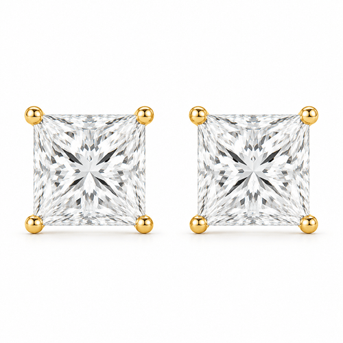 Peach - Princess Cut Stud Moissanite Earrings 14K Yellow Gold.