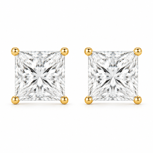 Peach - Princess Cut Stud Moissanite Earrings 14K Yellow Gold.