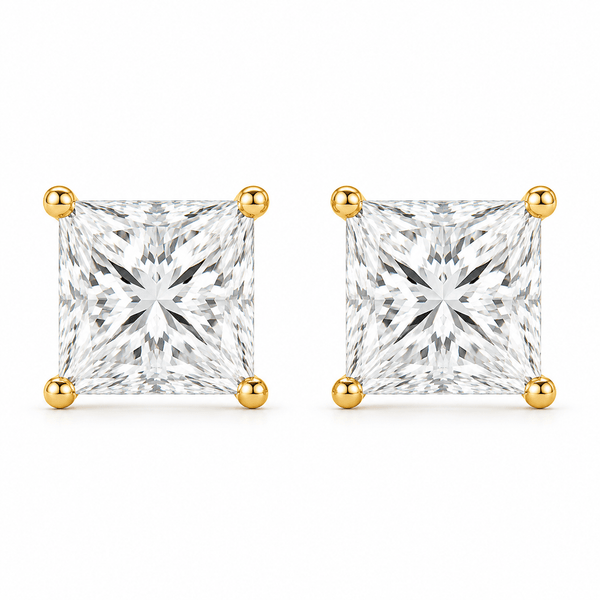 Peach - Princess Cut Stud Moissanite Earrings 14K Yellow Gold