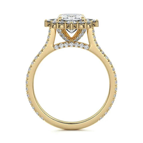 Low-profile emerald cut halo setting side view with pavé band