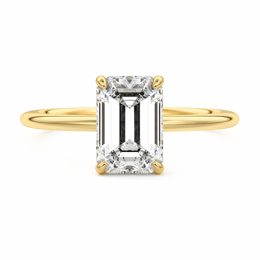 Emerald lab grown diamond solitaire engagement ring in yellow gold by Nura Lab NZ