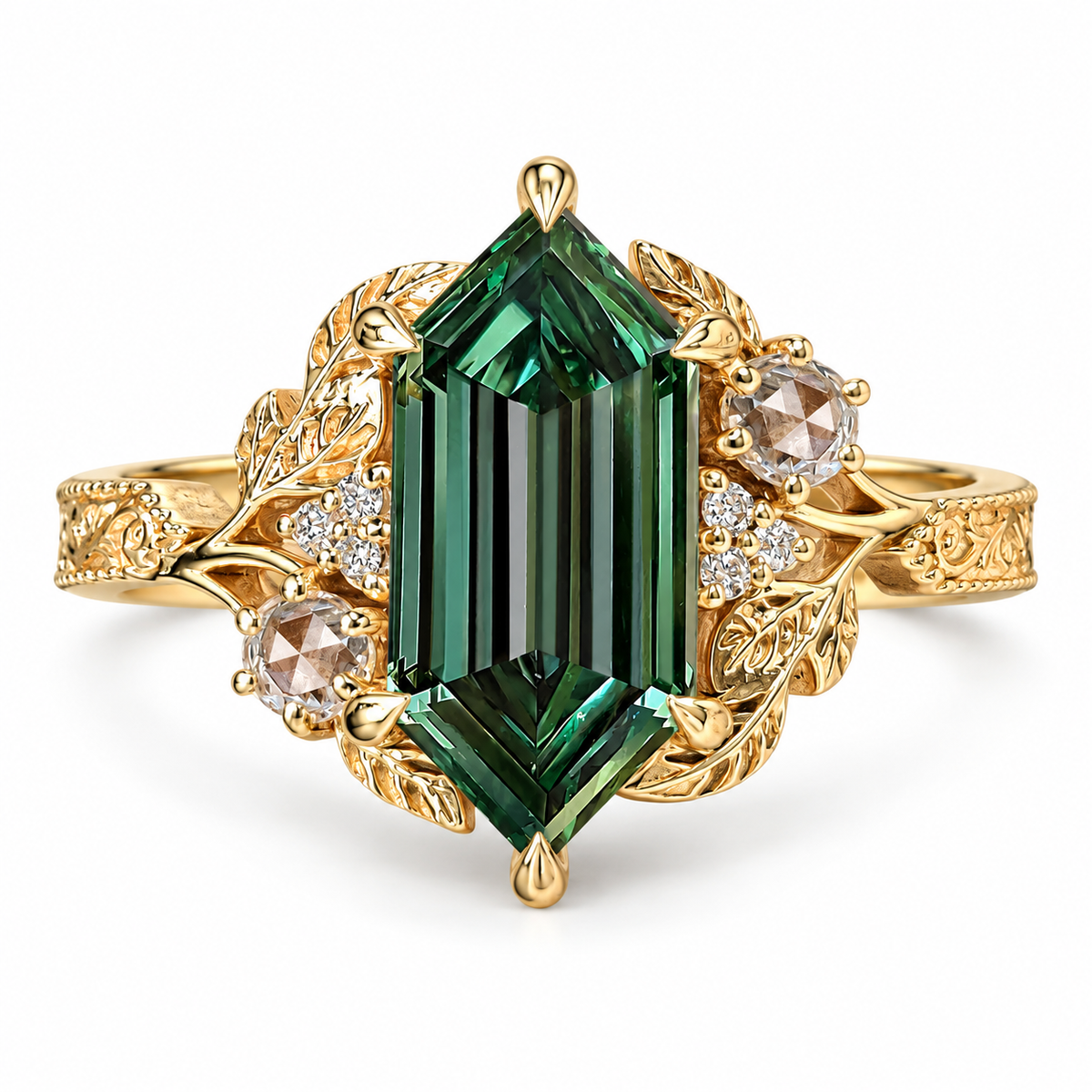 Aurelia Marie - Green Hexagon Step Cut Diamond Cluster Ring in Nature Inspired Style - front view on white background