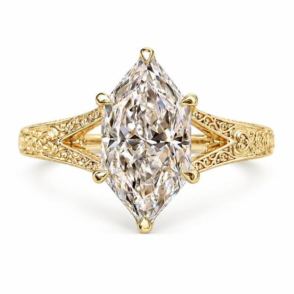 Celestine Faye - Dutch Marquise Solitaire Ring with Vintage Inspired Filigree Split Shank