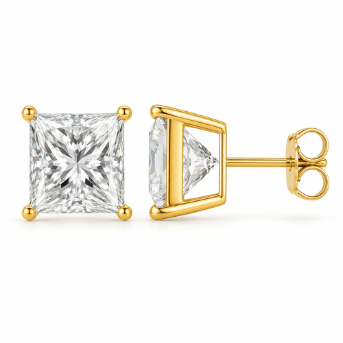 Peach - Princess Cut Stud Moissanite Earrings 14K Yellow Gold.