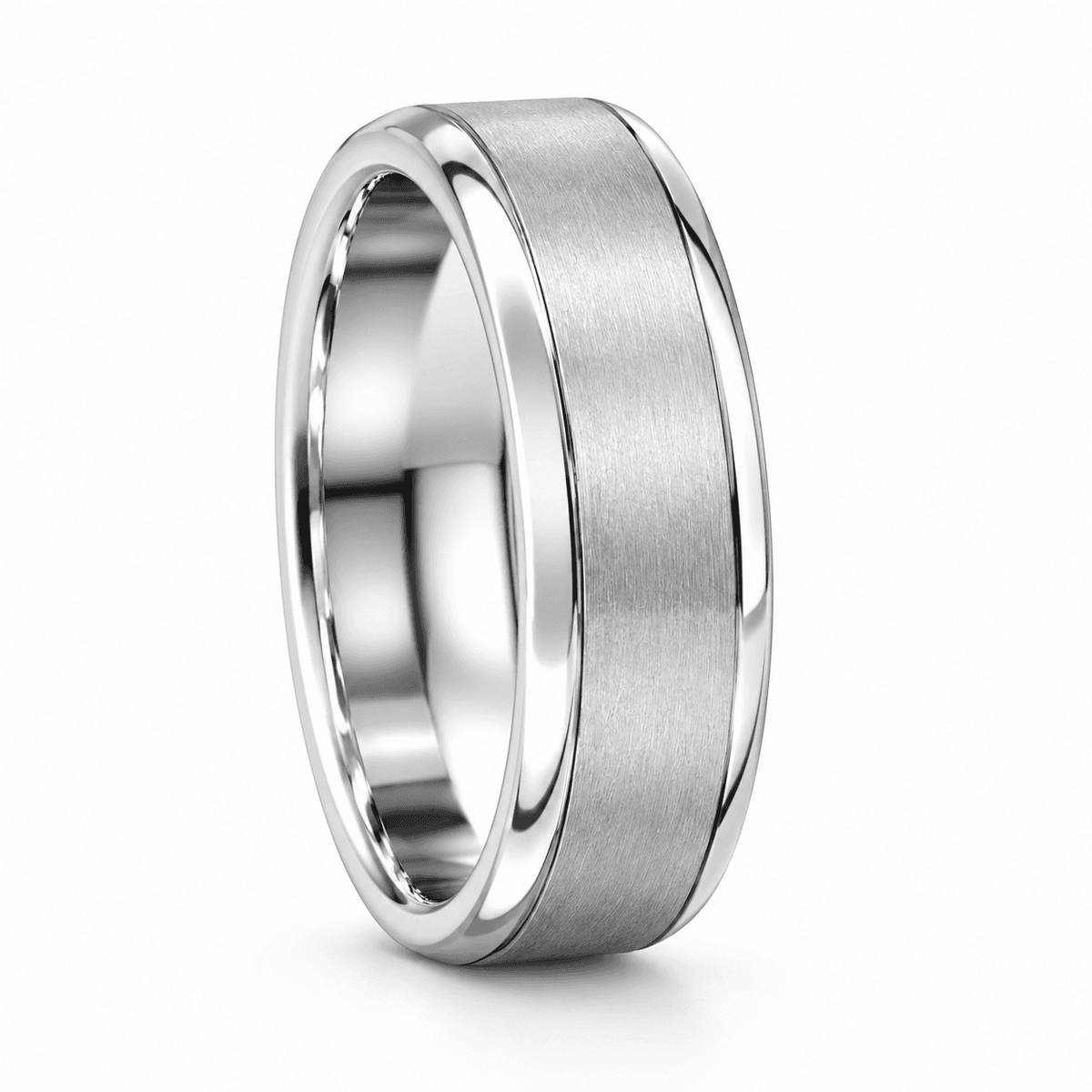 Felix brushed titanium men’s wedding ring on white studio background