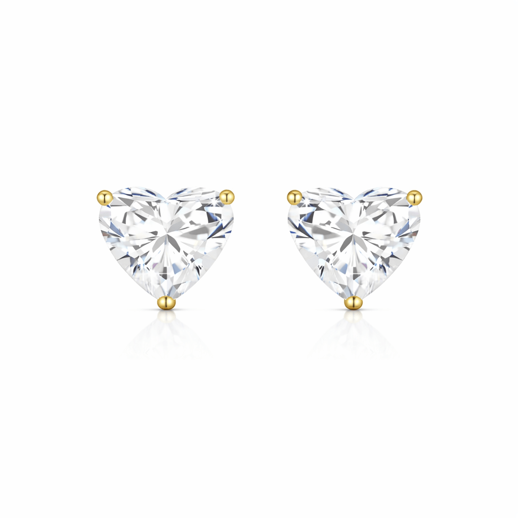 Heart-shaped diamond stud earrings on a white background