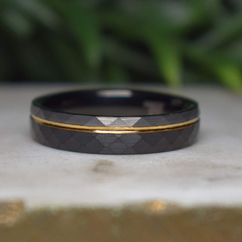 Echelon - Hammered 6mm Tungsten Wedding Ring Black and Silver Brushed with Gold Accent - view 4 - Nura Lab