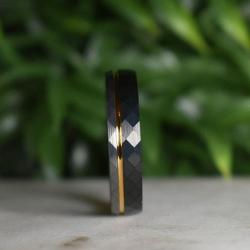 Echelon - Hammered 6mm Tungsten Wedding Ring Black and Silver Brushed with Gold Accent - view 3 - Nura Lab
