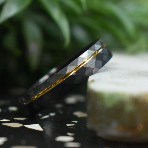 Echelon - Hammered 6mm Tungsten Wedding Ring Black and Silver Brushed with Gold Accent - view 2 - Nura Lab