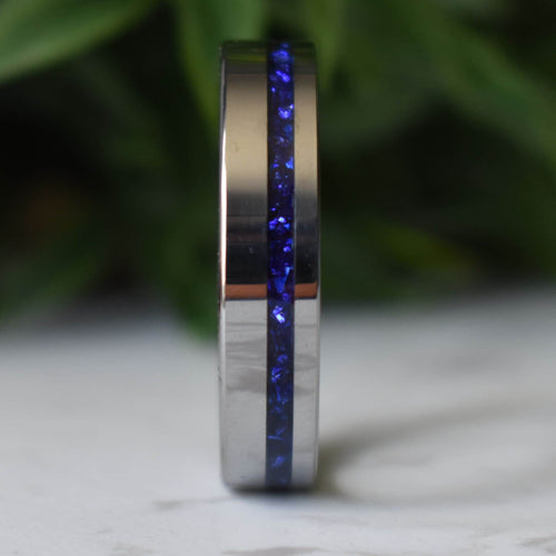 Stronghold - Tungsten 6mm Ring Blue Sapphire German Glass Wedding Ring - view 3 - Nura Lab