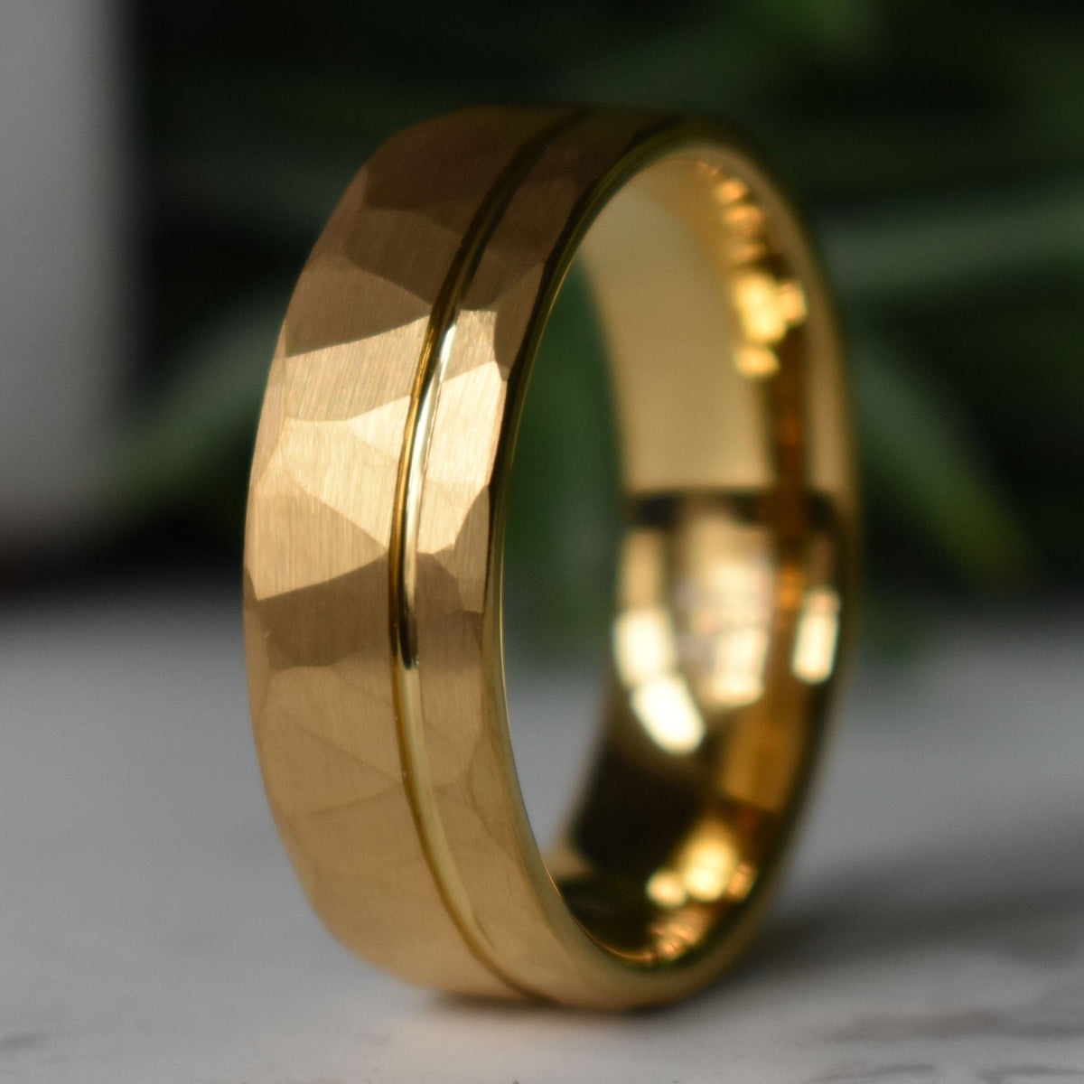 Northwind - Hammered Tungsten Wedding Ring 8mm Gold Brushed with Polished Gold Accent - view 5 - Nura Lab
