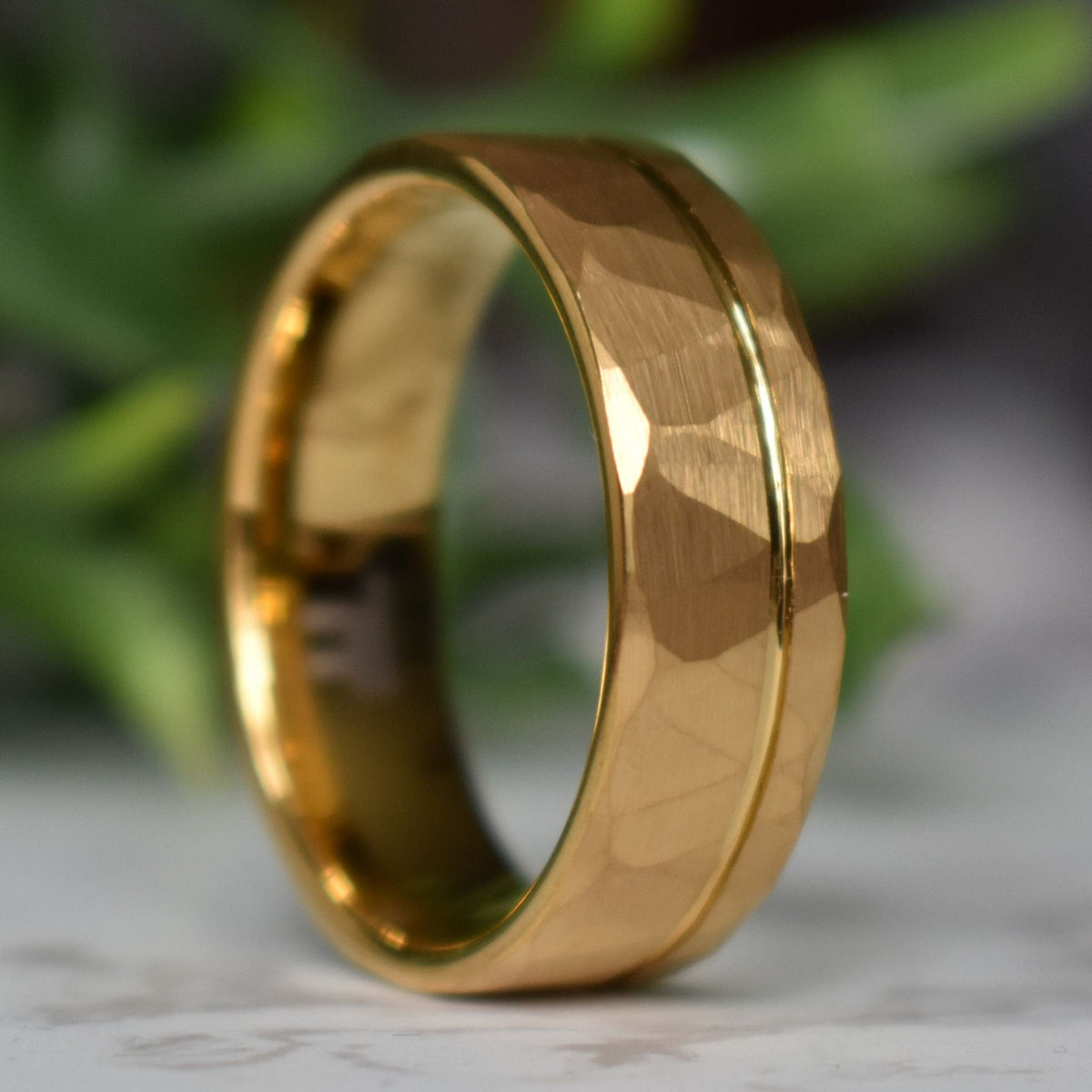 Northwind - Hammered Tungsten Wedding Ring 8mm Gold Brushed with Polished Gold Accent - view 6 - Nura Lab